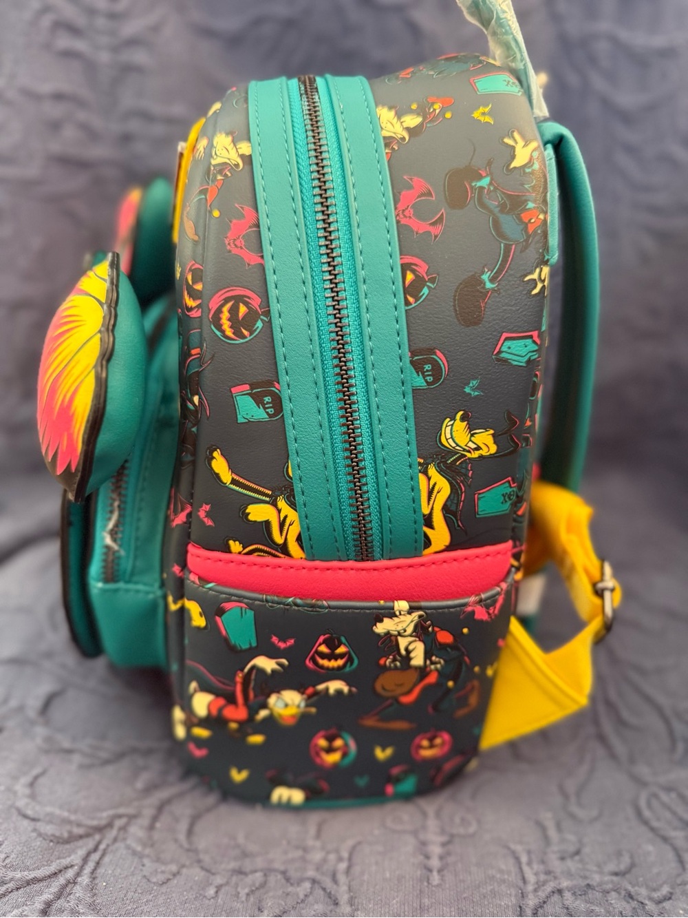 Loungefly Neon Pumpkin Mickey Kids Mini Backpack - Teal, Hot Pink, Yellow, Black - Picture 3 of 6